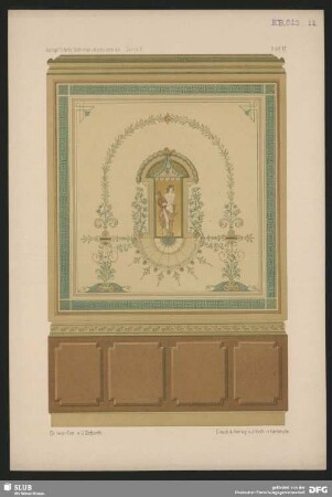 Ausgeführte Dekorationsmalereien. Wandgestaltung mit Lautenspieler und floraler Ornamentik