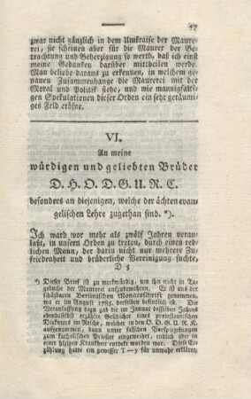 VI. An meine würdigen und geliebten Brüder ...