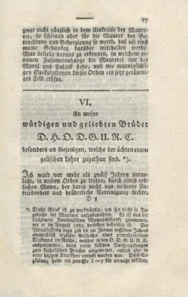 VI. An meine würdigen und geliebten Brüder ...