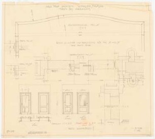 Haus Jansen, Berlin-Grunewald: Türen in der Diele: Grundriss, Aufrisse 1:20, horizontale Schnitte und Profilschnitte, vertikaler Schnitt, Teilaufriss einer Türfüllung 1:1