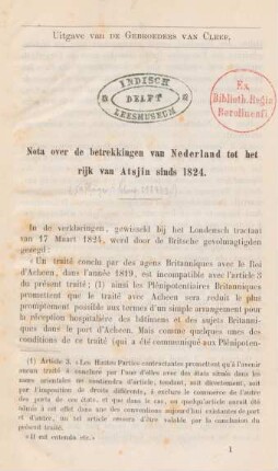 Nota over de betrekkingen van Nederland tot het rijk van Atsjin sinds 1824