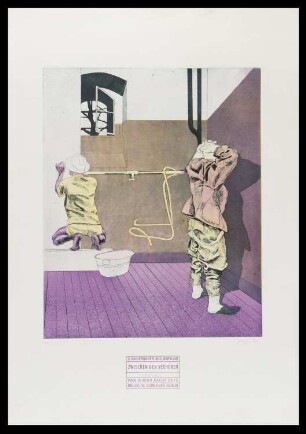 Druck des Künstlers Ulrich Baehr, Titel: Warten II. Reihe: 5 Radierungen aus Babylon, zwischen den Verhören, 1973