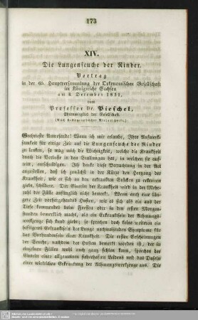 XIV. Die Lungenseuche der Rinder. : Vortrag in der 65. Hauptversammlung der Oekonomischen Gesellschaft im Königreiche Sachsen am 3. December 1851