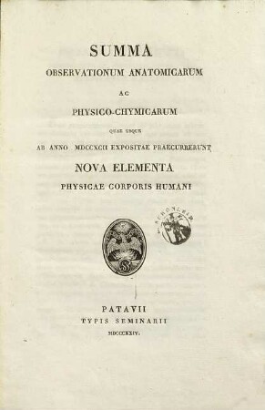 Summa observationum anatomicarum ac physico-chymicarum quae usque ab anno 1792. expositae praecurrerunt nova elementa physicae corporis humani