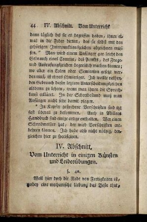 IV. Abschnitt. Vom Unterricht in einigen Künsten und Leibesübungen.