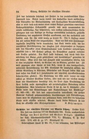 94-96 [Rezension] Geschichte der römischen Litteratur bis zum Gesetzgebungswerk des Kaisers Justinian / von Martin Schanz: Die Zeit von Hadrian 117 bis auf Constantin 324
