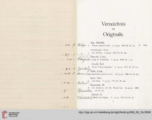 Verzeichnis der Originale (Nr. 1-486)