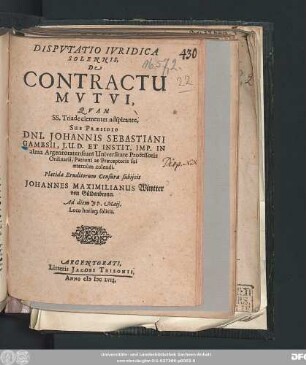 Disputatio Iuridica Solennis, De Contractu Mutui
