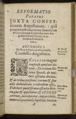 Articulus I. De Deo & Personis Divinitatis