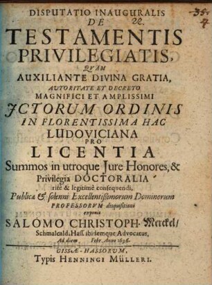 Disp. inaug. de testamentis privilegiatis
