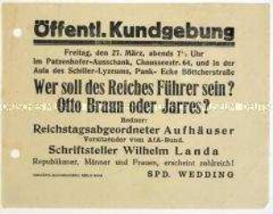 Ankündigung einer Kundgebung der SPD am 27. März 1925 zur bevorstehenden Reichspräsidentenwahl