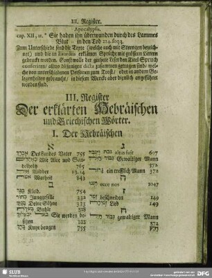 III. Register Der erklärten Hebräischen und Griechischen Wörter