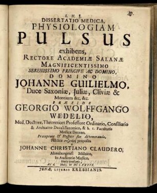 Dissertatio Medica, Physiologiam Pulsus