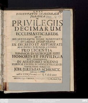 Dissertatio Inauguralis Juridica De Privilegiis Decimarum Ecclesiasticarum