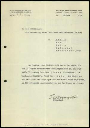 G. Rodenwaldt an DAI alle Abteilungen