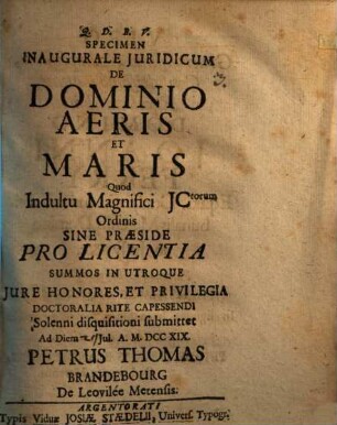 Specimen inaug. iur. de dominio aeris et maris