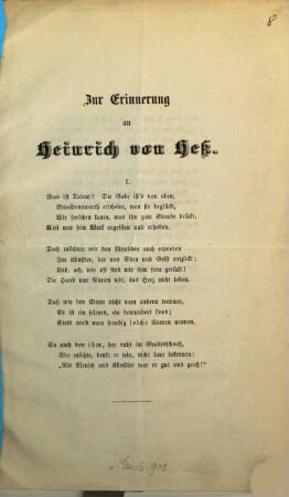 Einzelne Gedichte, 8. Zur Erinnerung an Heinr. von Heß. - München, 1863. 2 Bl.
