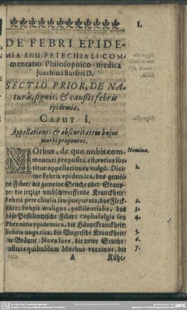 Sectio Prior, De Natura, signis, & caußis febris epidemiae