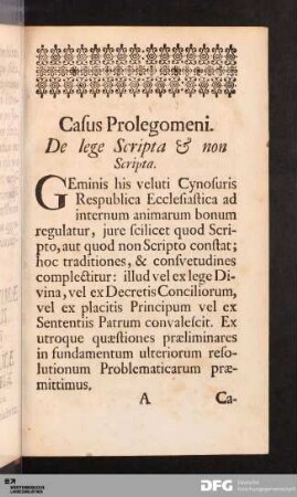 Casus Prolegomeni. De lege Scripta & non Scripta.