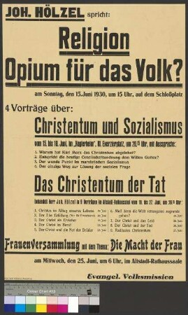 Plakat der Evangelischen Volksmission zu verschiedenen Vortragsveranstaltungen und einer Frauenversammlung vom 15. bis 27. Juni 1930 in Braunschweig
