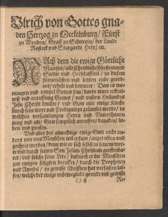Ulrich von Gottes gnaden Hertzog zu Meckelnburg/ Fürst zu Wenden/ Graff zu Schwerin ...