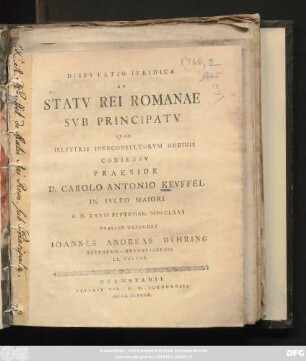 Disputatio Ivridica De Statv Rei Romanae Svb Principatv