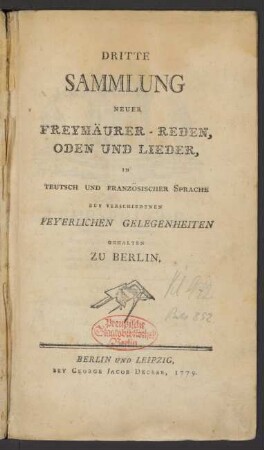 3: Sammlung Neuer Freymäurer-Reden, Oden und Lieder