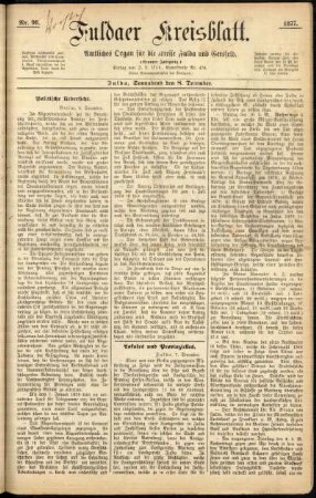 Erste Ausgabe vom Samstag, den 08. Dezember 1877.