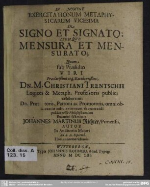 Exercitationum metaphysicarum vicesima ... De signo et signato itemque mensura et mensurato