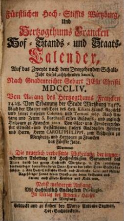 Fürstlichen Hoch-Stiffts Wirtzburg, und Hertzogthums Francken Hof-, Stands- und Staats-Calender. 1754
