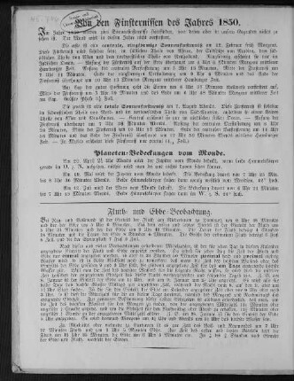 Von den Finsternissen des Jahres 1850.