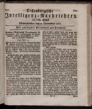 XLVIII. Stück. Sonnabends: den 29. November 1777.