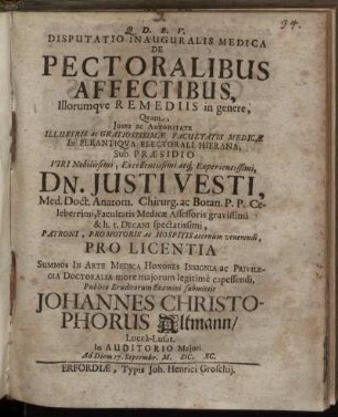 Disputatio Inauguralis Medica De Pectoralibus Affectibus, Illorumque Remediis in genere