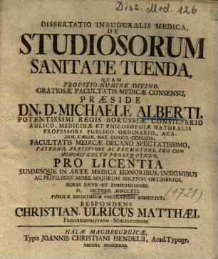 Dissertatio Inauguralis Medica, De Studiosorum Sanitate Tuenda