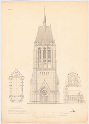 Kirche: Grundriss 1:400, Ansicht Hauptfront 1:200, Ansicht Seitenfront 1:600, Schnitt 1:400