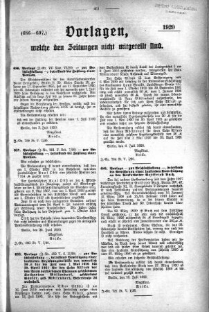 Anlage: zu No. (686-697), Vorlagen, welche den Zeitungen nicht mitgeteilt sind, 29. Juli 1920
