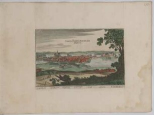 Ortsansicht von Schwerin, kolorierter Kupferstich, 1654 : Prospect der Fürstl. Mecklenb. Resid: Statt Schwerin / Casp. Merian fecit. - [Franckfurt] : [Caspar Merian], [1653]. - 1 Kunstbl. : Kupferstich. - Ortsansicht : mehrfarb. ; 34,6 x 23,3 cm. - Mit Gebäudekennzeichn. - Im Vordergrund Bauer beim pflügen.