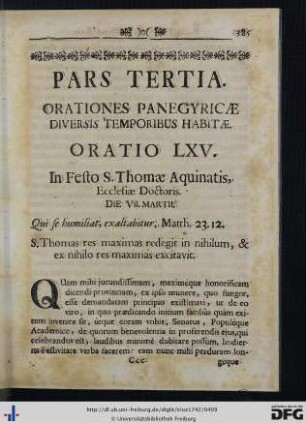 Pars Tertia. Orationes Panegyricae Diversis Temporibus Habitae.