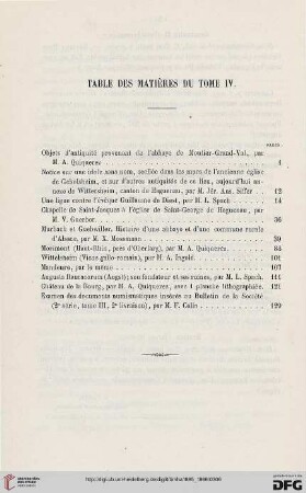 Table des matières du tome IV