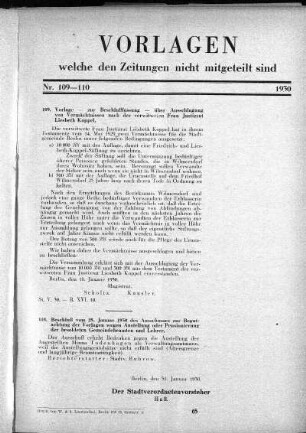 Anlage: (109-110), Vorlagen, welche den Zeitungen nicht mitgeteilt sind, 31. Januar 1930