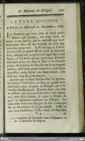 Lettre CCCCLXXIX. A Paris, ce Mécredi 10. Novembre, 1688