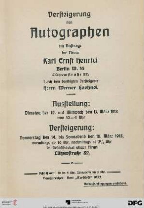 Versteigerung von Autographen : Versteigerung 14. bis 16. März 1918 (Katalog Nr. 48)