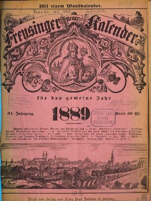 Neuer Freysinger Kalender. 1889 = Jg. 34