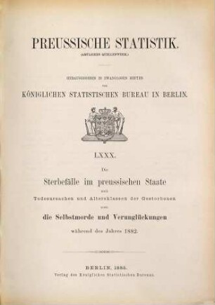 Die Sterbefälle im Preussischen Staate nach Todesursachen und Altersklassen der Gestorbenen und die Selbstmorde und Verunglückungen : während d. Jahres ... 1882 (1885) = H. 80 [d. Gesamtw.]