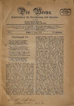 Die Biene : Familienblatt für Unterhaltung und Literatur. 1878 = Jg. 6