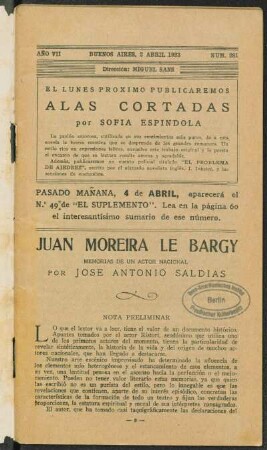 1923007281: Juan Moreira Le Bargy : memorias de un actor nacional