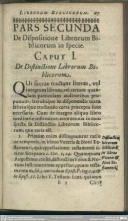Pars Secunda, De Dispositione Librorum Biblicorum in specie