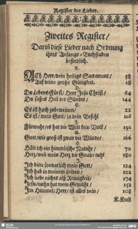 Zweites Register, Darin[n] Lieder nach Ordnung ihres Anfangs-Buchstaben befindlich