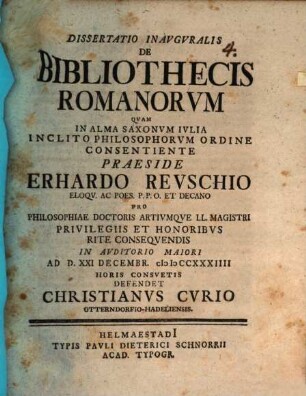 Dissertatio Inavgvralis De Bibliothecis Romanorvm
