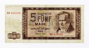 Banknote 5 Mark der Deutschen Notenbank DDR.